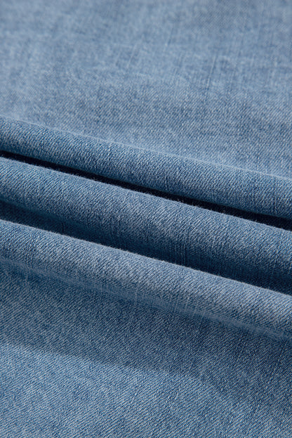 Dusk Blue Tied Front Long Puff Sleeve Denim Top