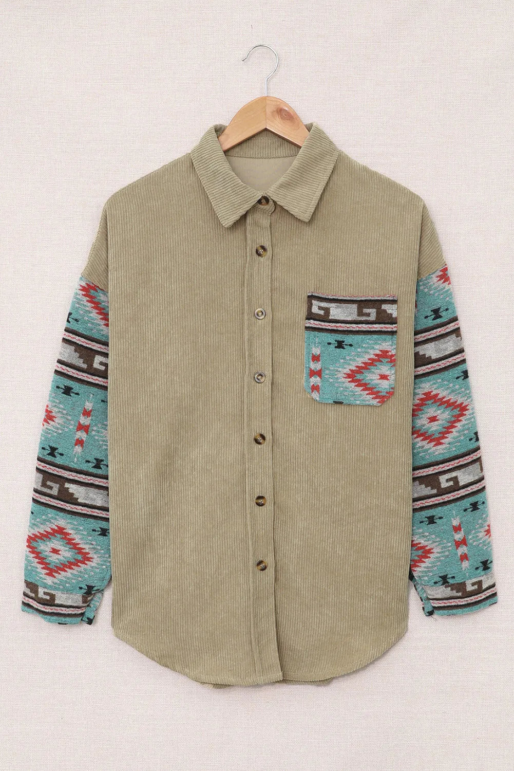 Khaki Aztec Pattern Sleeve Pocketed Corduroy Shacket - Chic Meadow Boutique 