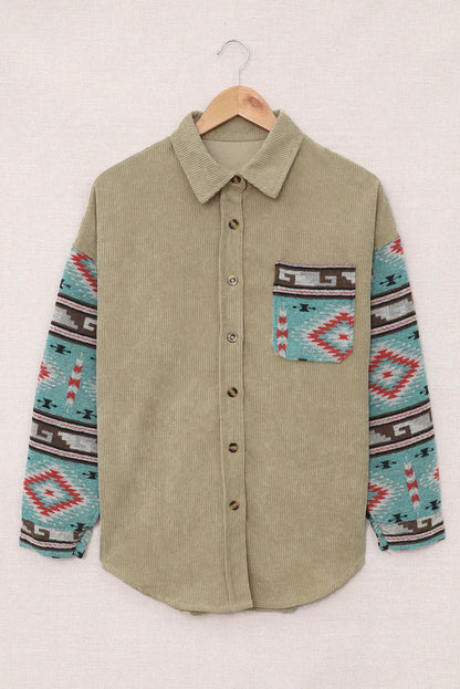 Khaki Aztec Pattern Sleeve Pocketed Corduroy Shacket - Chic Meadow Boutique 