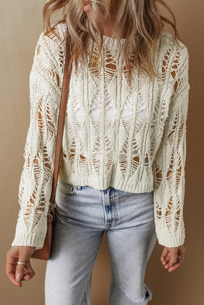 White Cut Out Crochet Crew Neck Loose Fit Sweater - Chic Meadow Boutique 