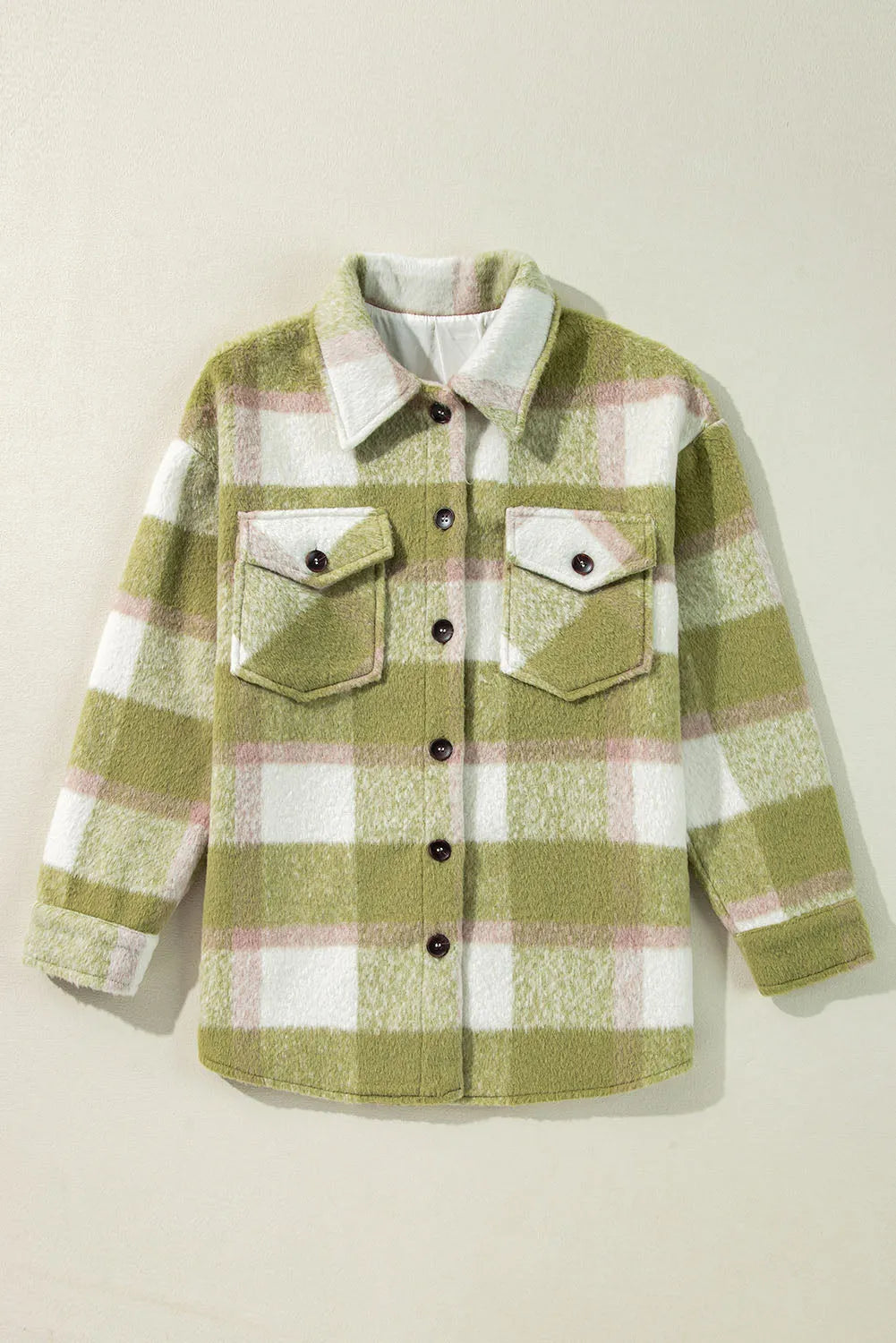 Sage Green Plaid Print Buttoned Flap Pockets Baggy Shacket - Chic Meadow Boutique 