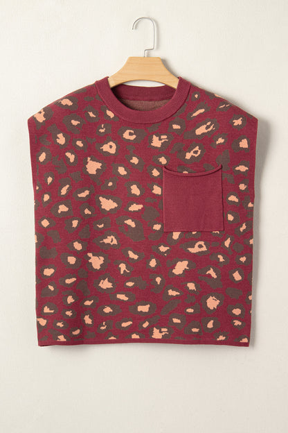 Red Leopard Print Cap Sleeve Knitted Top