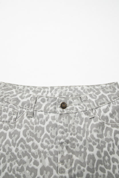 Gray Leopard Frayed Edge Wide Leg High Waist Jeans