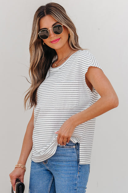 White Stripe Cap Sleeve Crew Neck Casual Tee with Chest Pocket