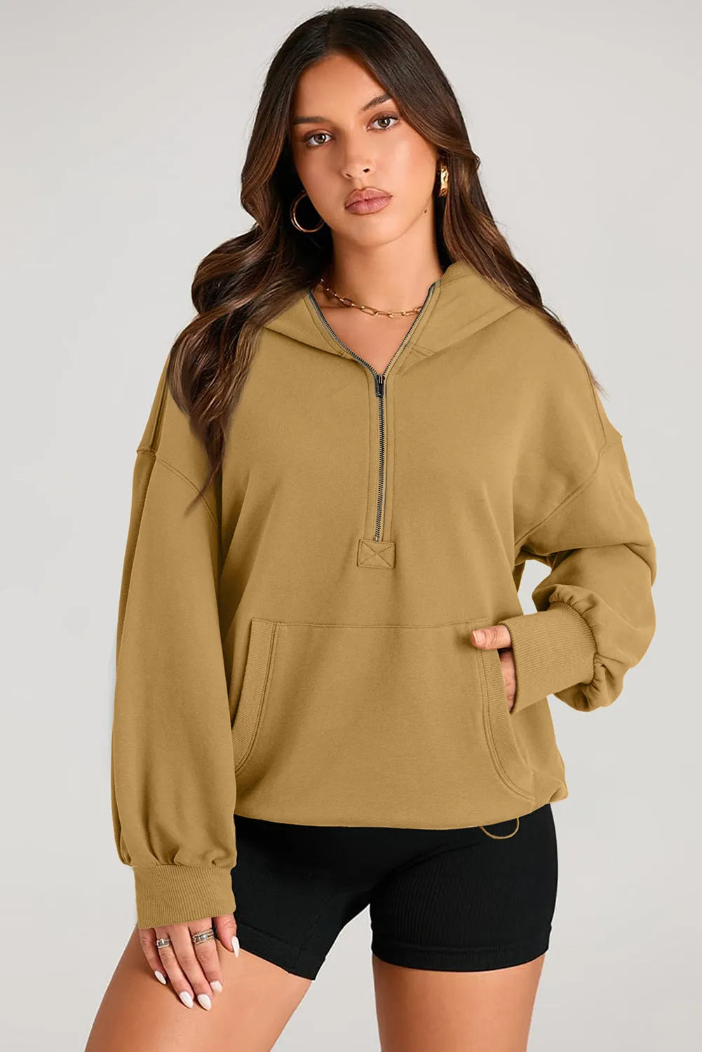 Brown Solid Kangaroo Pocket Half Zipper Oversized Hoodie - Chic Meadow Boutique 