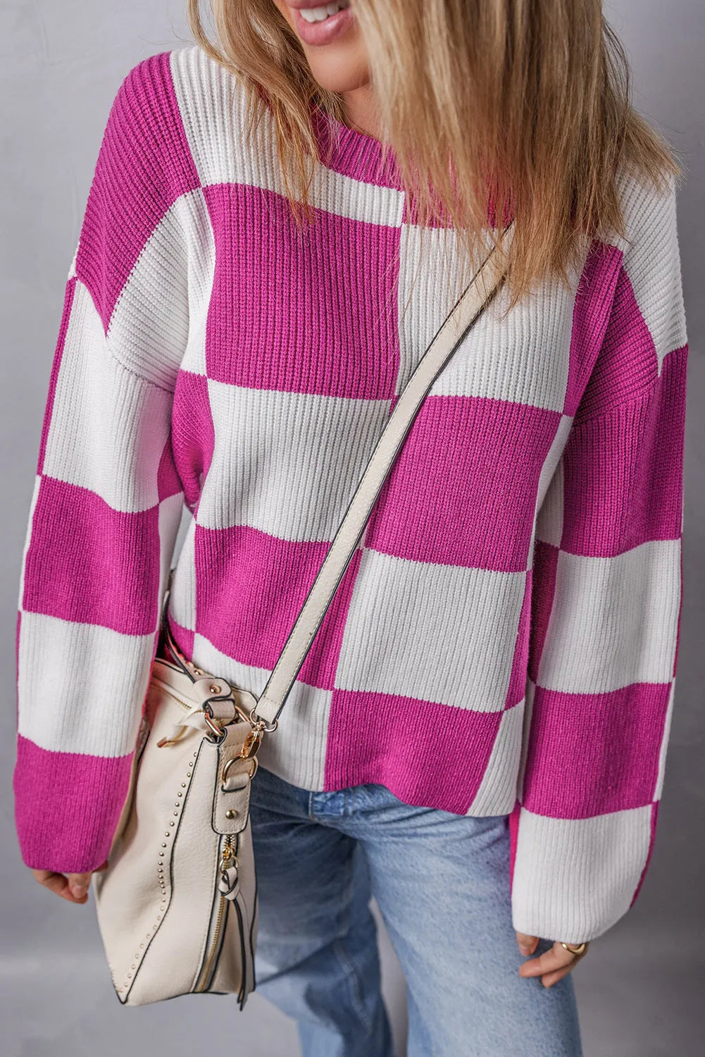 Bright Pink Checkered Round Neck Baggy Sweater - Chic Meadow Boutique 