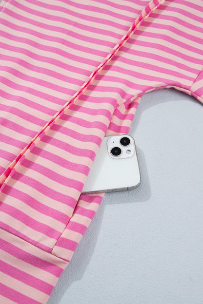 Pink Stripe Zip-up Puff Sleeve Zip Jacket Sweatshirt