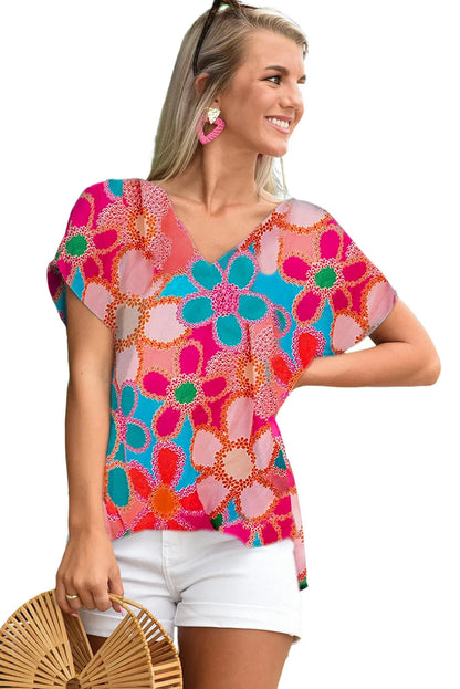 Pink Abstract Print V Neck Dolman Blouse - Chic Meadow Boutique 