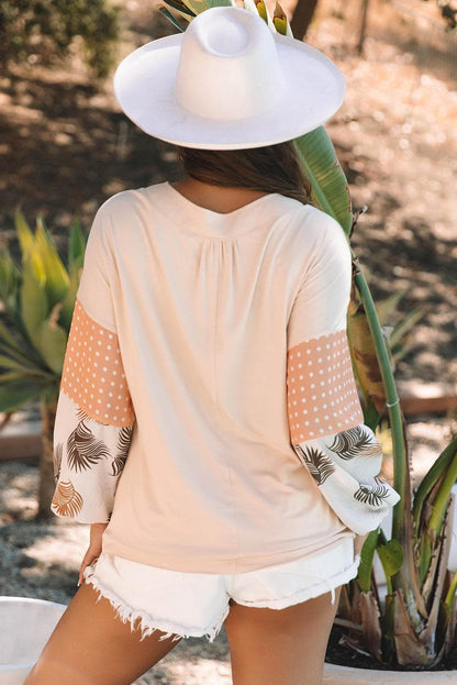 Tops/Blouses & Shirts Jet Stream Palm Leaves Polka Dot Puff Sleeve Patchwork V Neck Loose Blouse