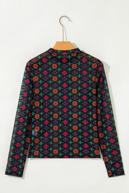 Black Western Aztec Printed Long Sleeve Mesh Top