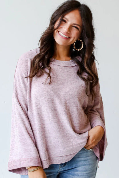 Orchid Petal Exposed Seam Drop Shoulder Wide Long Sleeve T Shirt - Chic Meadow Boutique 