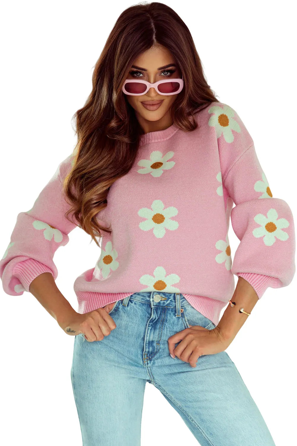 Tops/Sweaters & Cardigans Pink Floral Pattern Drop Shoulder Sweater