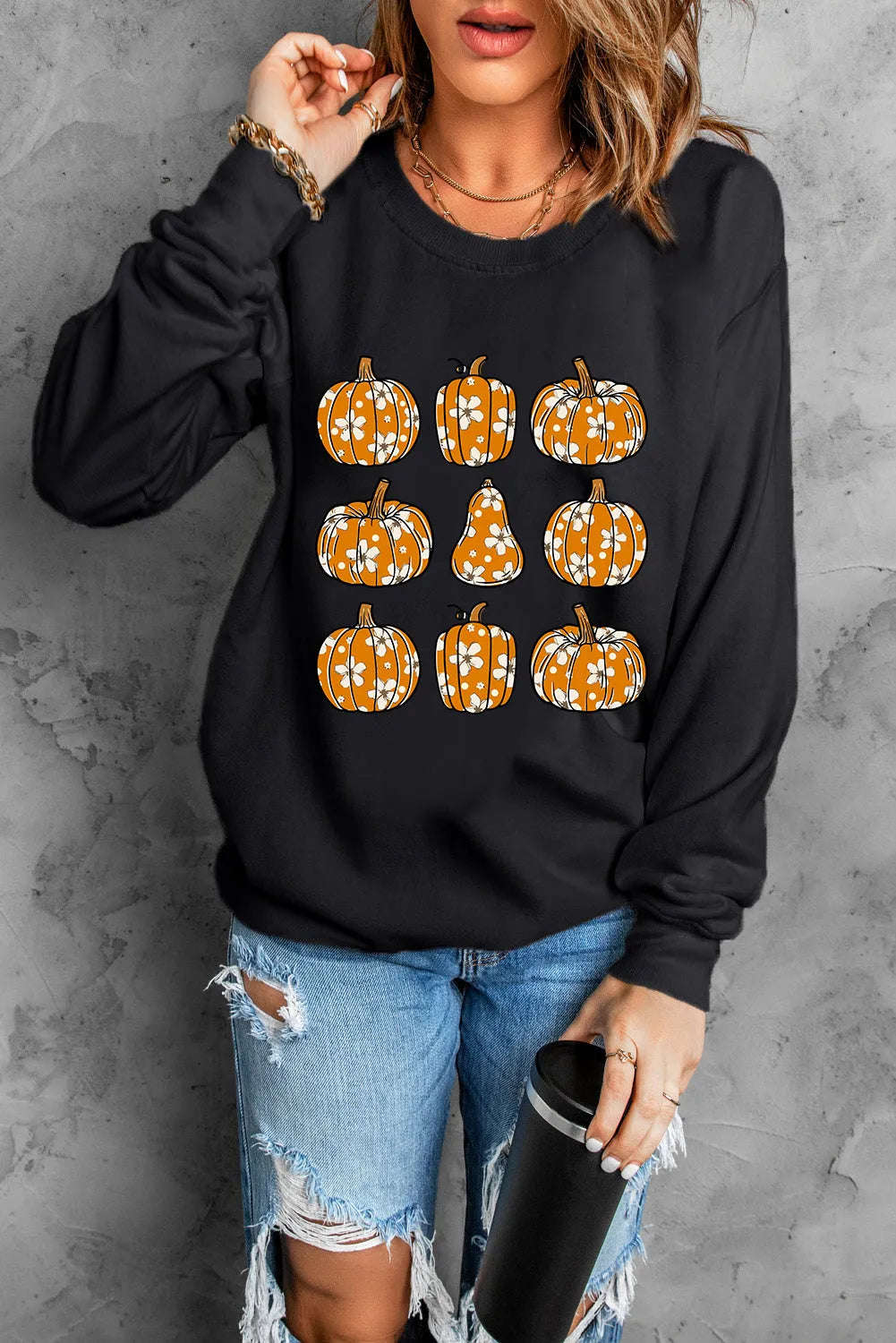 Black Floral Pumpkin Graphic Round Neck Halloween Sweatshirt - Chic Meadow Boutique 