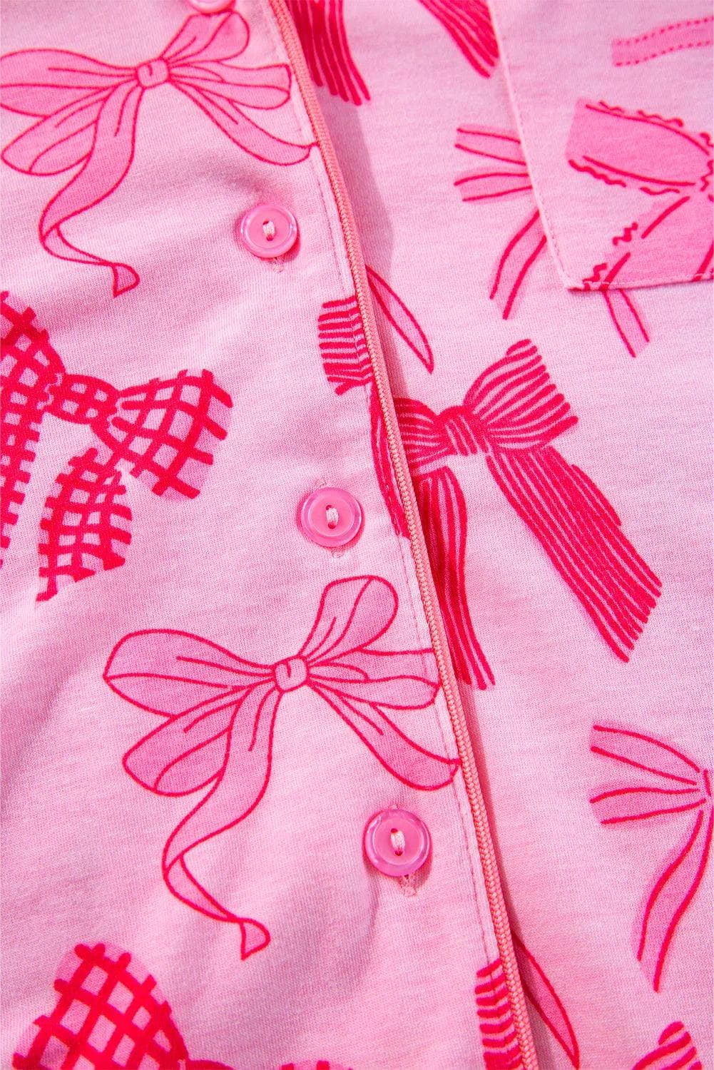 Loungewear & Sleepwear/Sleepwear Pink Bow Knot Print Lapel Collar Short Sleeve and Pants Pajamas Set