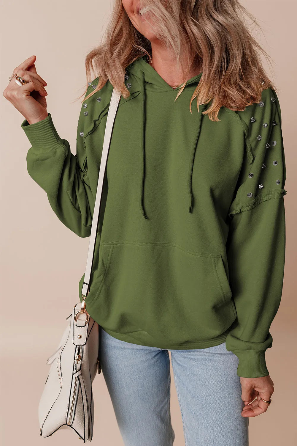 Vineyard Green Solid Color Rivet Stud Raglan Sleeve Hoodie with Pocket - Chic Meadow Boutique 