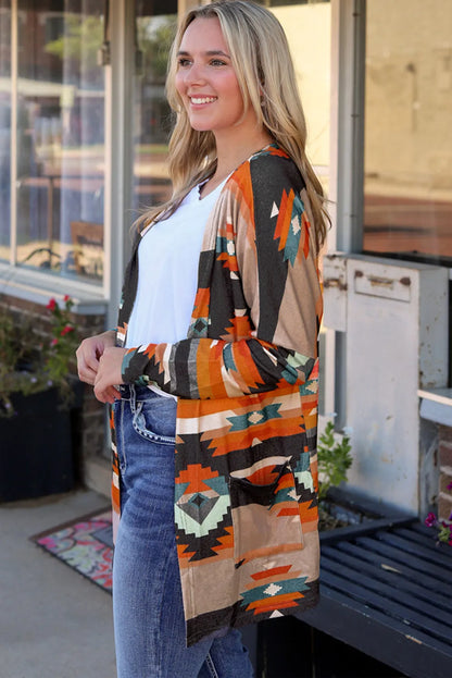 Orange Western Tribal Aztec Print Cardigan - Chic Meadow Boutique 