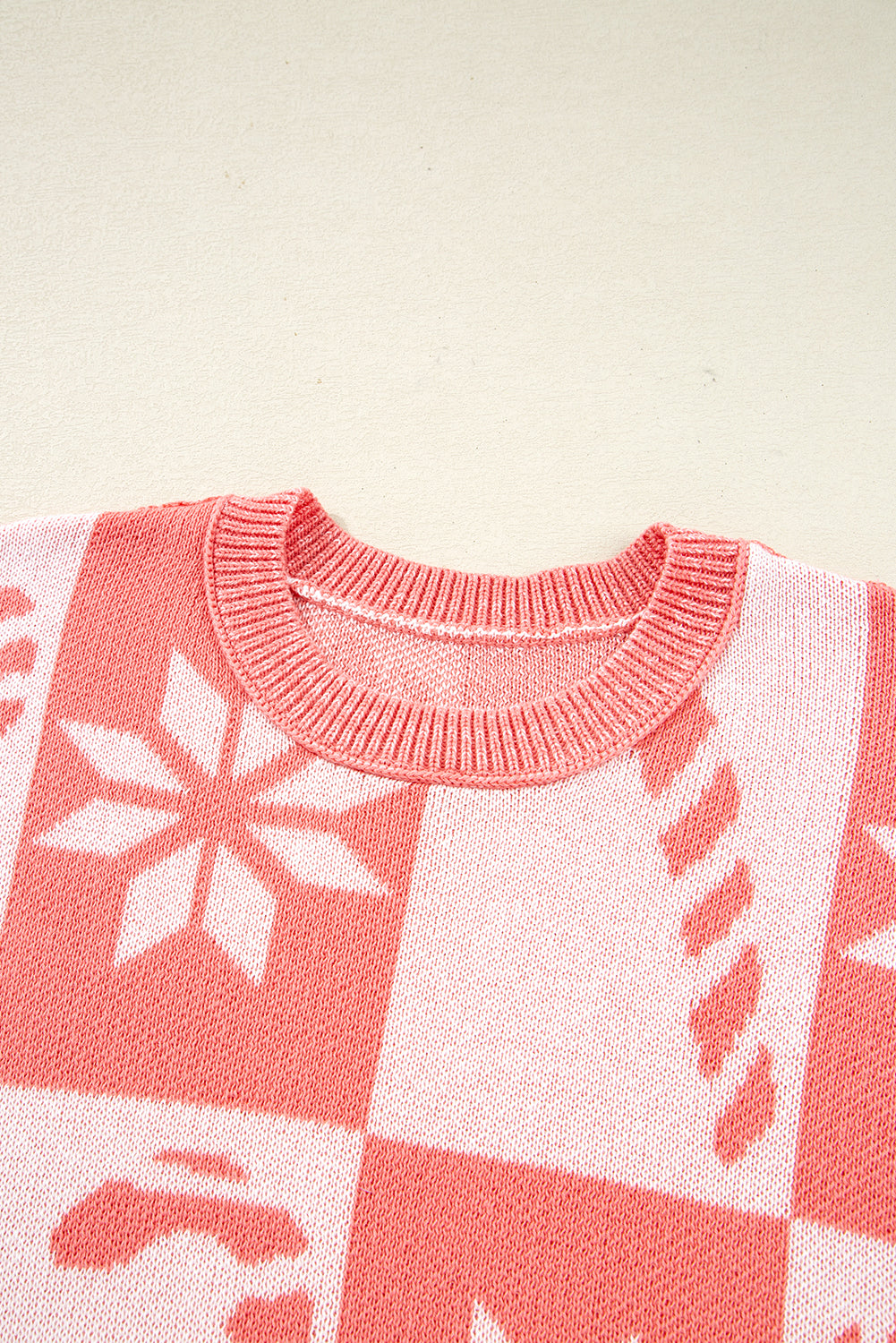 Pink Candycane Snowflake Checker Christmas Holiday Drop Shoulder Tunic Loose Sweater