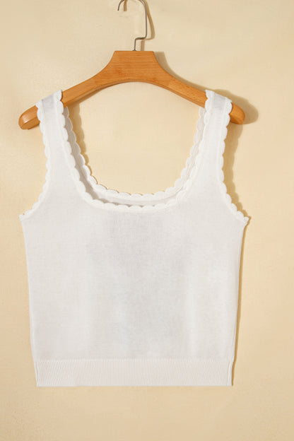 White Retro Floral Print Scalloped Square Neck Knit Sweater Vest