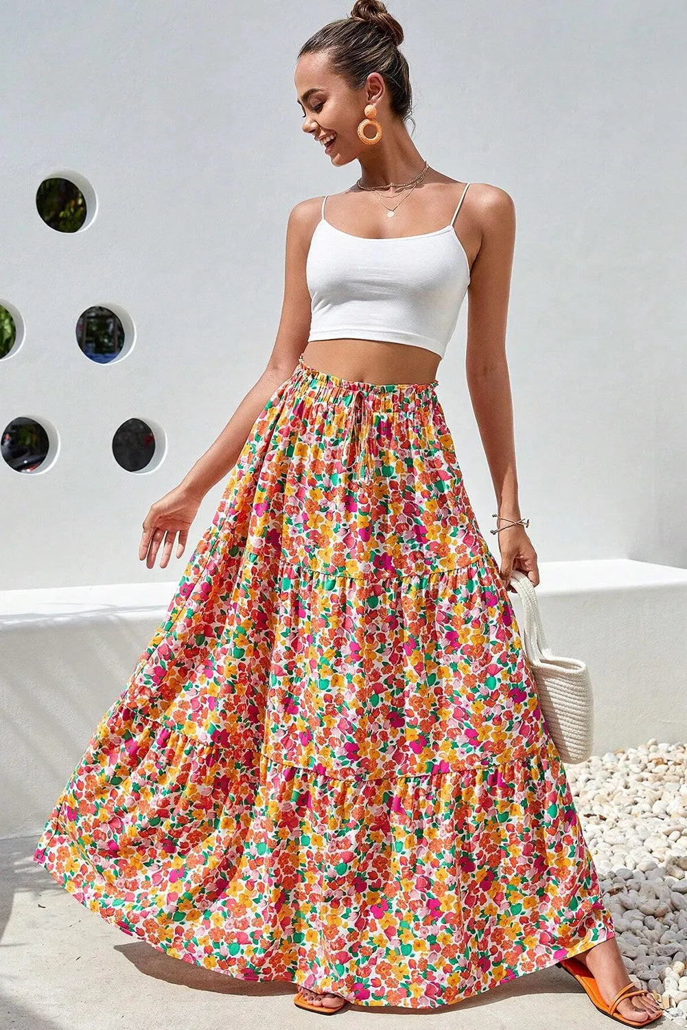 Yellow Boho Floral Print Tiered Long Skirt - Chic Meadow Boutique 