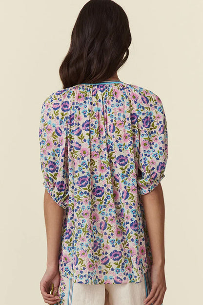 Multicolour Bohemian Floral V Neck Loose Half Sleeve Blouse