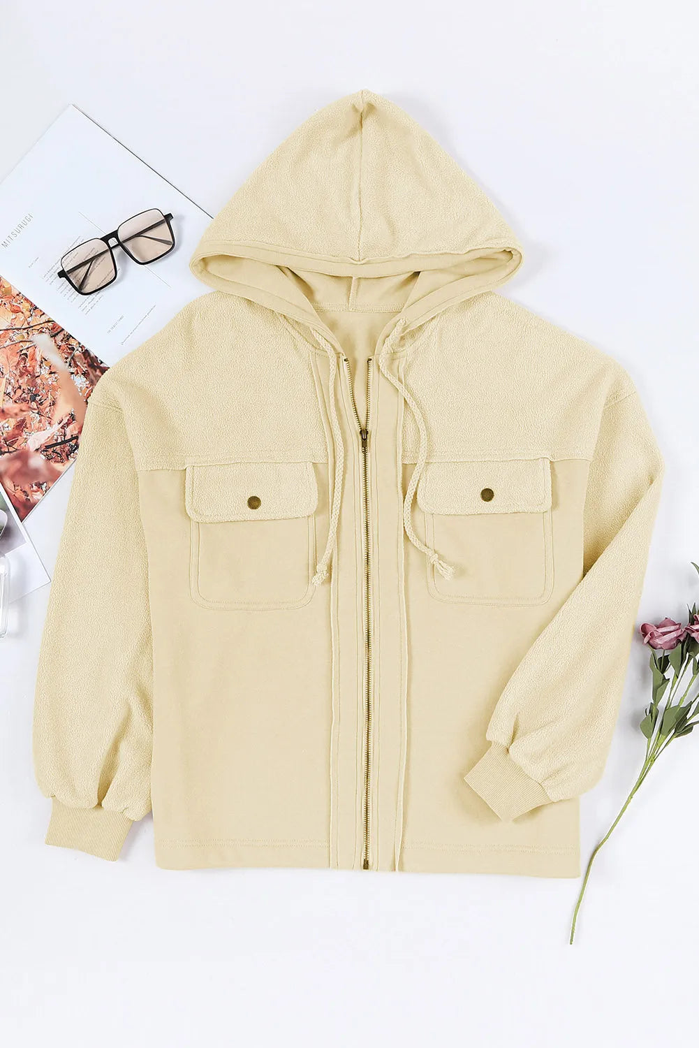 Apricot Flap Pocket Drawstring Hood Zip Up Jacket - Chic Meadow Boutique 