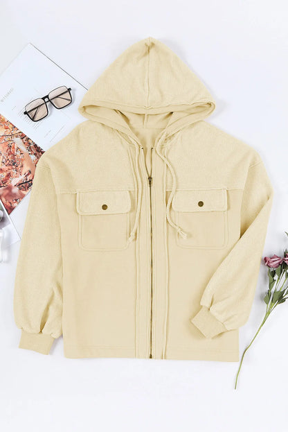 Outerwear/Jackets Apricot Flap Pocket Drawstring Hood Zip Up Jacket