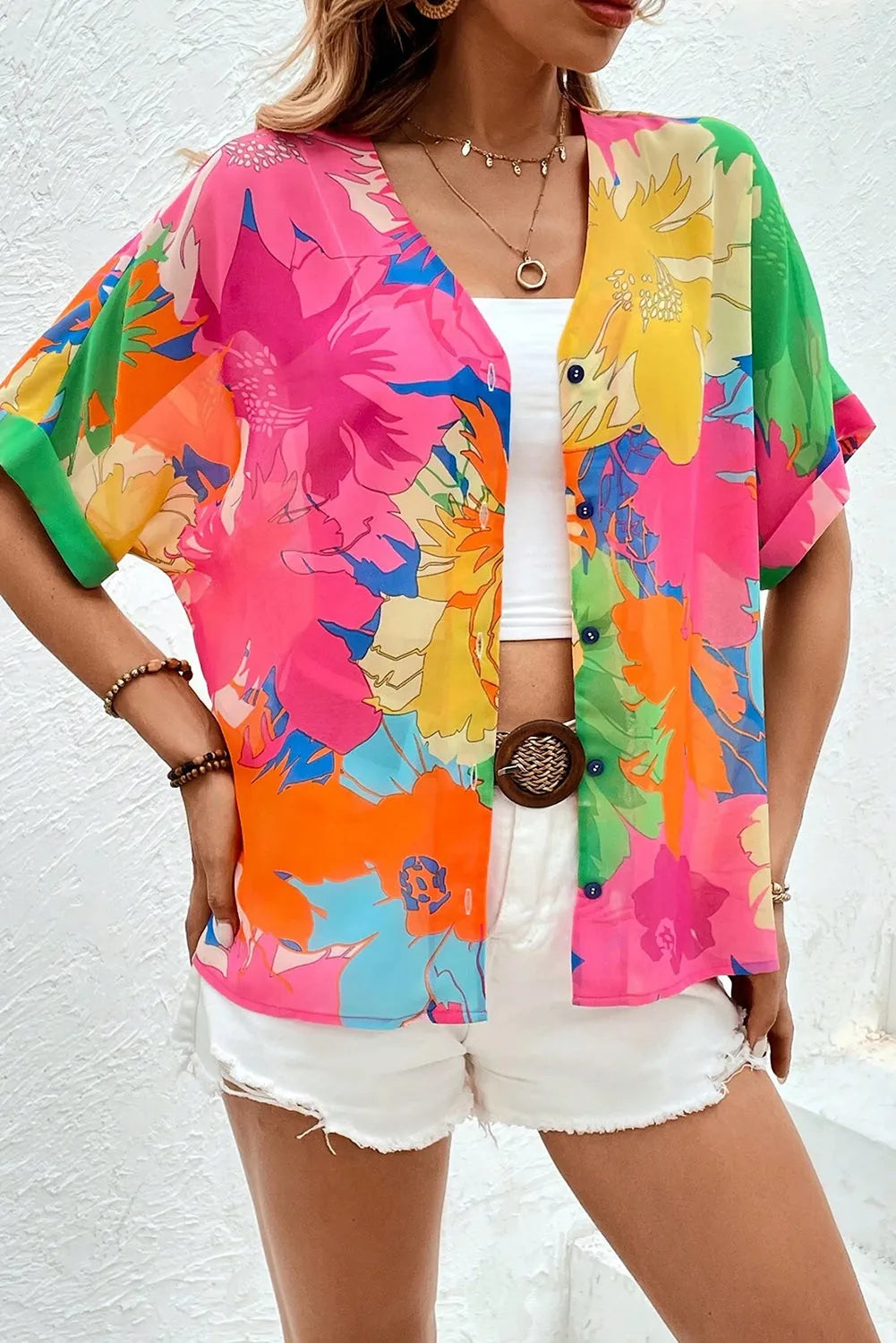 Multicolour Floral Print Folded Short Sleeve Shirt - Chic Meadow Boutique 