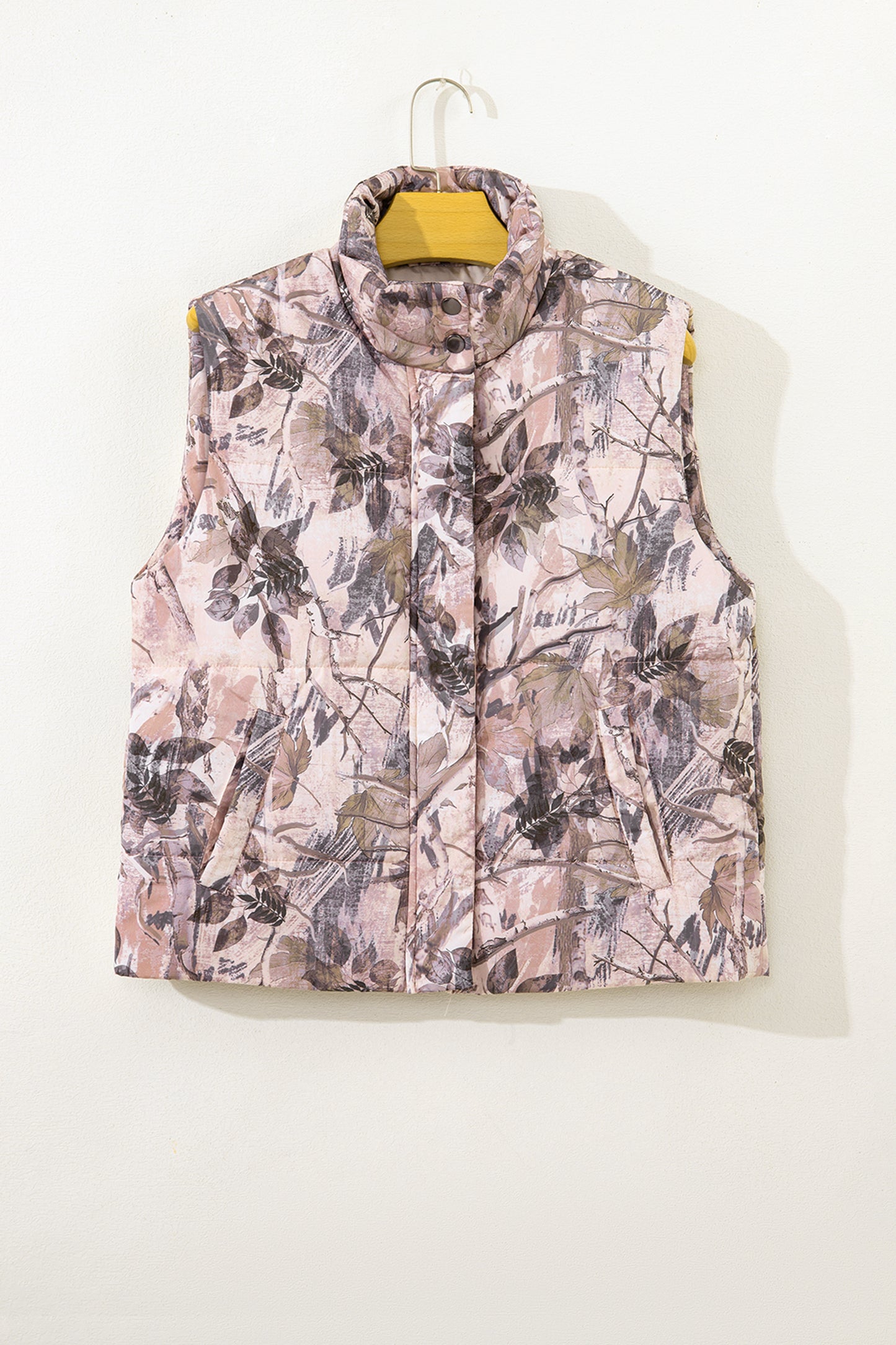 Brown Camo Leaf Print Winter Puffer Vest