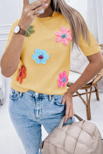 Yellow Cream Cute Flower Applique Short Sleeve Sweater - Chic Meadow Boutique 