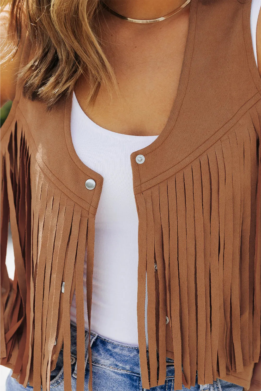 Camel Fringed Snap Button Front Suedette Vest - Chic Meadow Boutique 