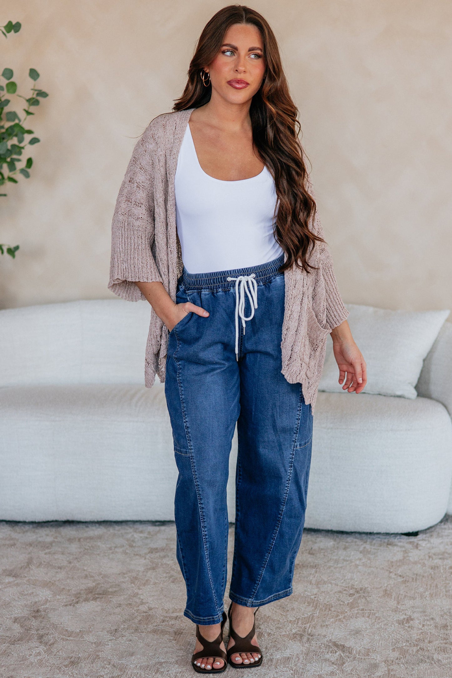 Old Rose Hollowed Pattern Knit Drop Shoulder Open Sweater Cardigan