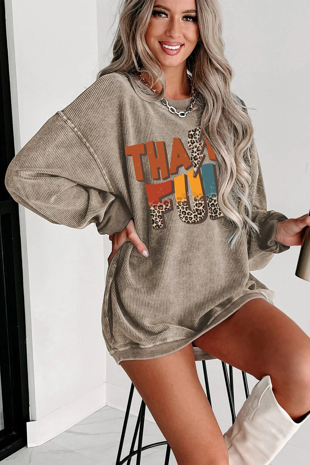 Khaki Leopard THANKFUL Graphic Corded Thanksgiving Sweatshirt - Chic Meadow Boutique 