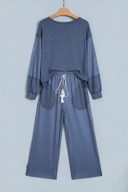 Real Teal Raw Seam Patchwork Long Sleeve Top Pocket Casual Pants 2pcs Set