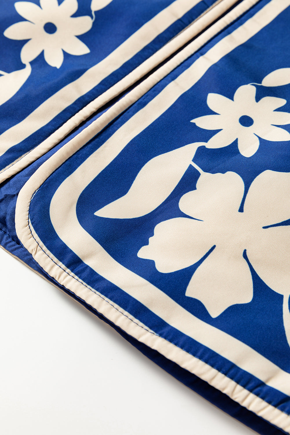 Blue Flower Print Open Front Buttoned Cuffs Elegant Jacket