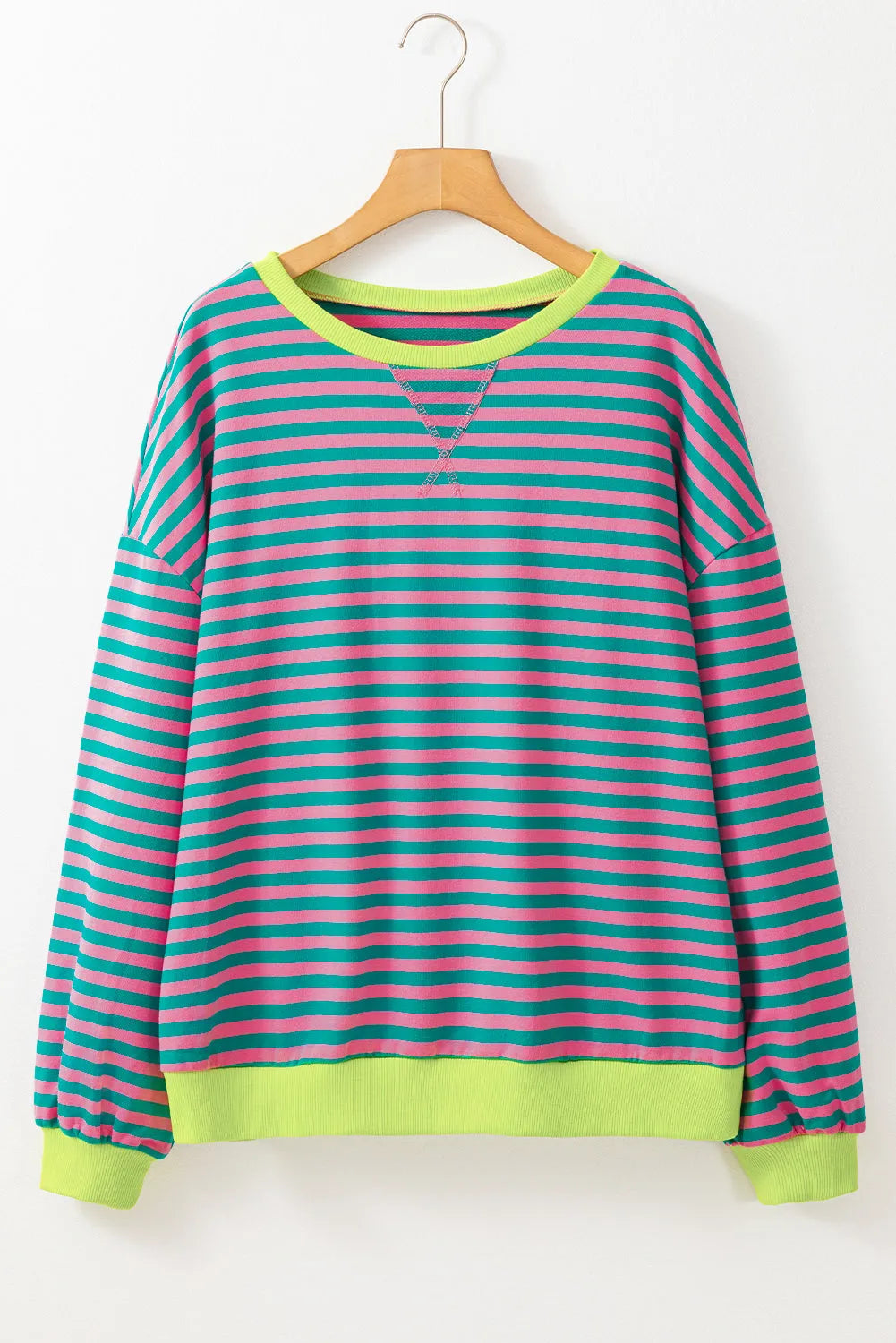 Green Stripe Oversized Contrast Trim Pullover Sweatshirt - Chic Meadow Boutique 