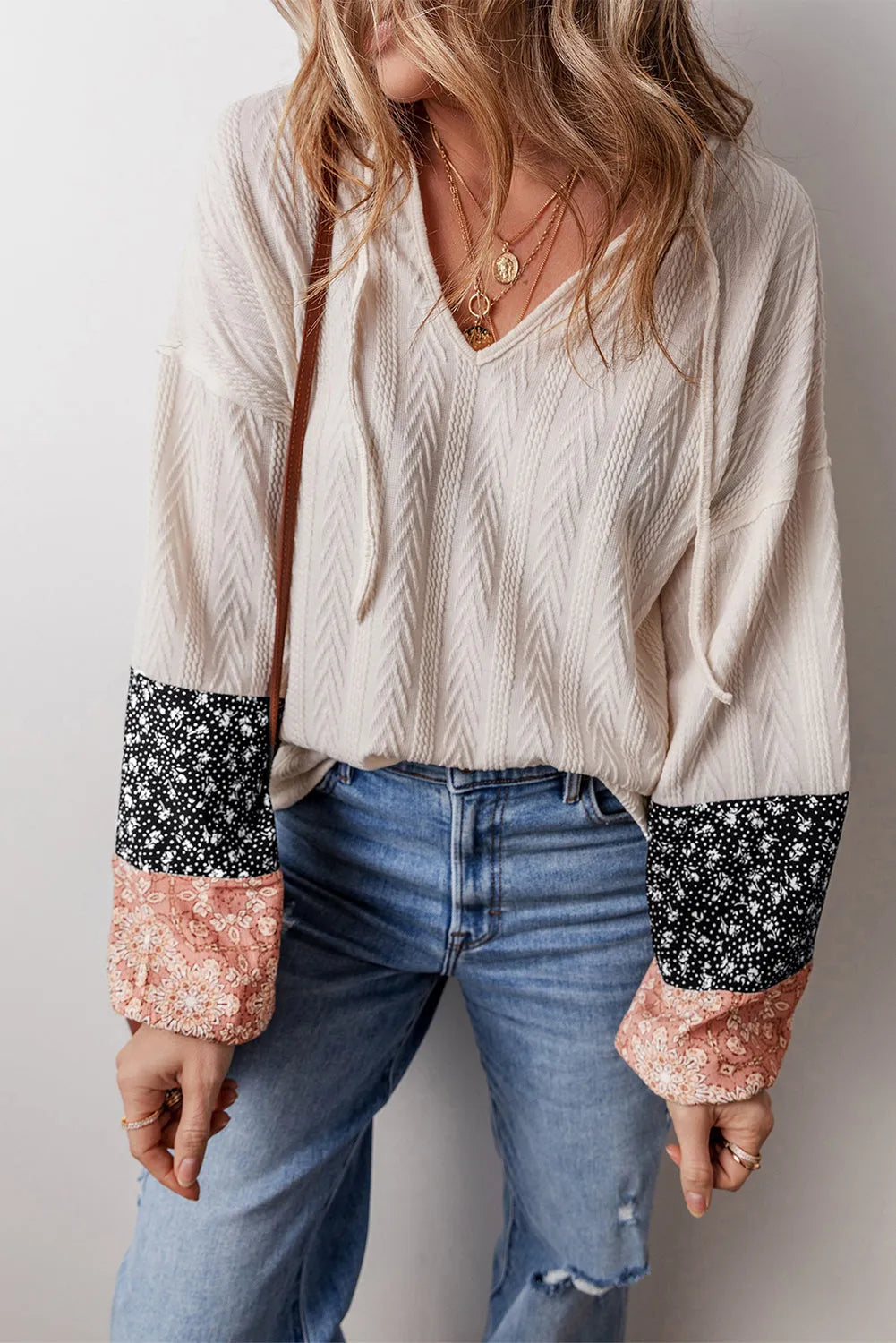 Beige Floral Patchwork Textured Knit Drawstring V Neck Blouse - Chic Meadow Boutique 