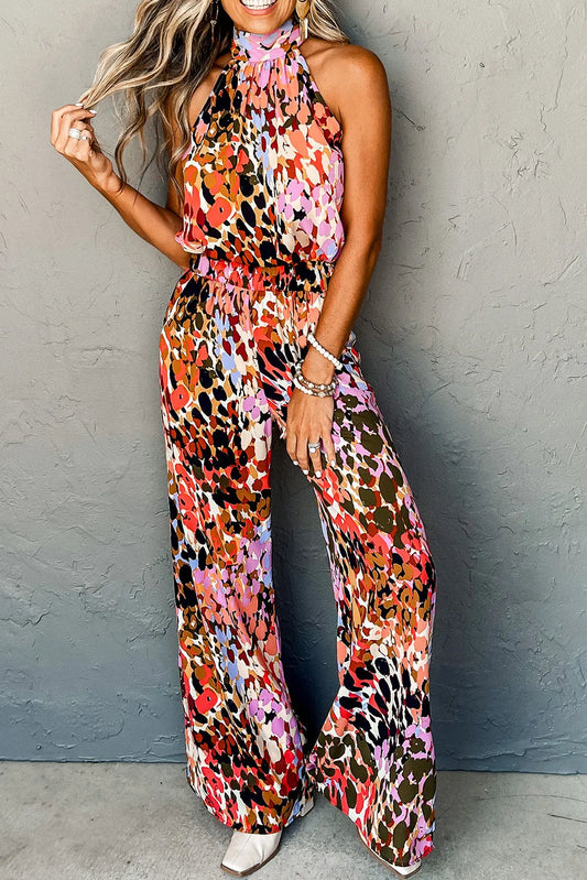 Black Multicolor Leopard Print Halter Tank Top and Pants Set - Chic Meadow Boutique 