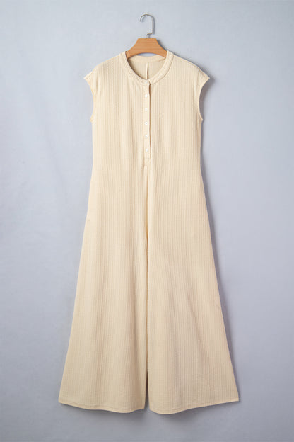 Jet Stream Half Buttons Ribbed Knit Wide Leg Jumpsuit