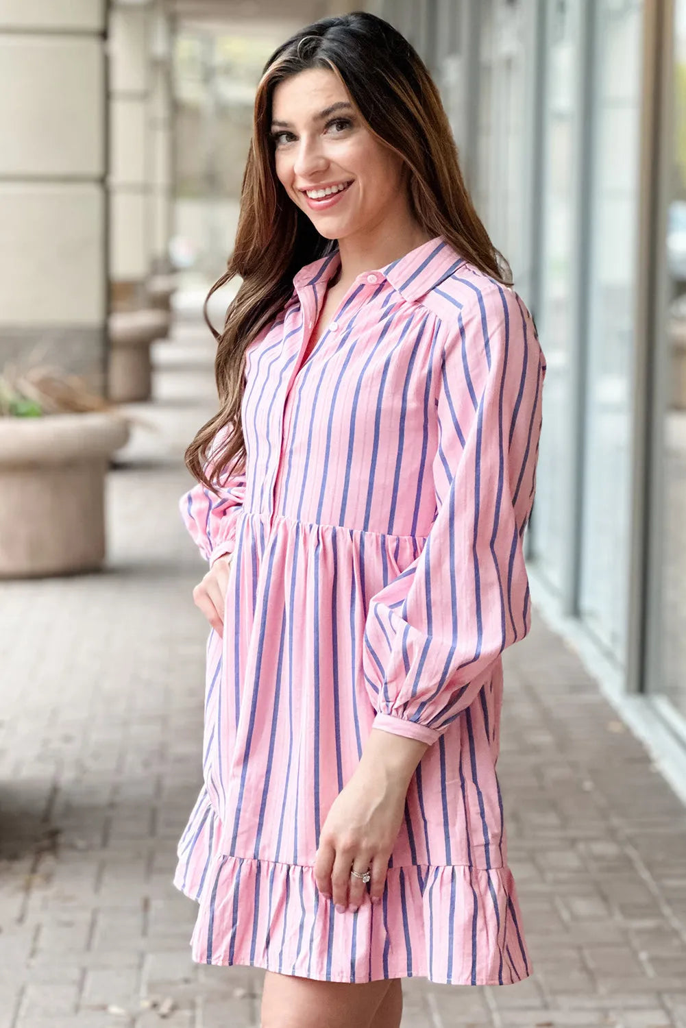 Pink Stripe Ruffled Hem Button-up Collared Shirt Mini Dress - Chic Meadow Boutique 