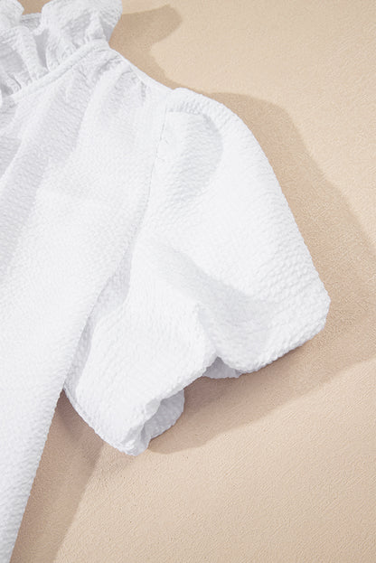 White Striped Ruffle Short Bubble Sleeve Shirt