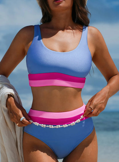 Swimwear/High Waisted Swimsuit Light Blue Colorblock High Waisted Bikini Swimsuit