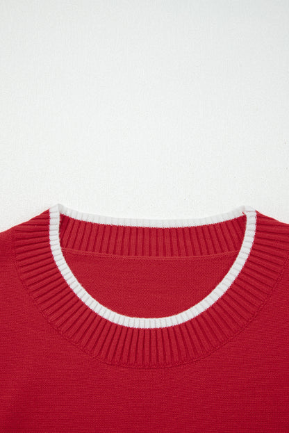 Fiery Red Contrast Trim Big Bow Accent Holiday Cropped Sweater