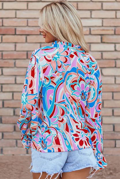 Pink Abstract Print Frilly Neck Ruffled Sleeve Blouse - Chic Meadow Boutique 