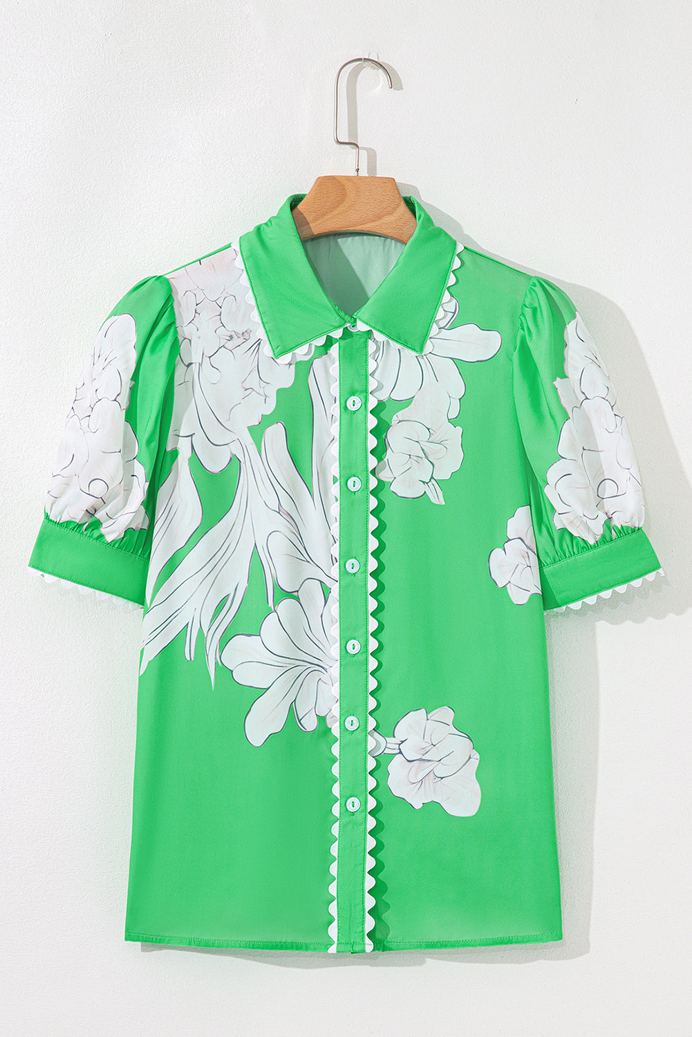 Green Floral Ric Rac Edge Puff Sleeve Button Up Summer Shirt