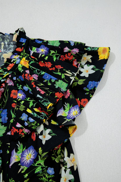 Black Tiered Flutter Sleeve V Neck Flower Blouse