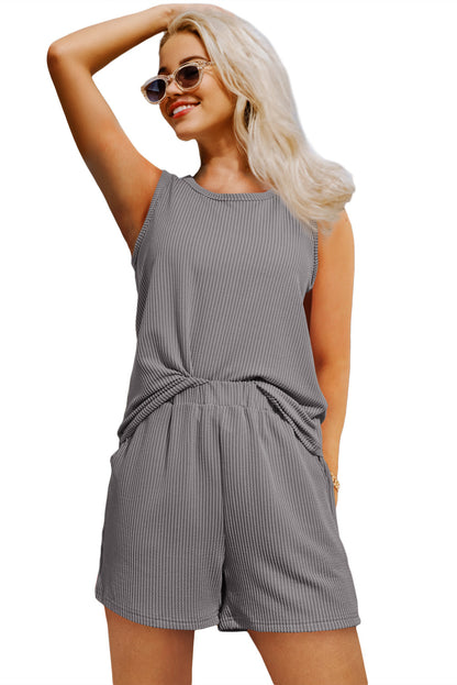 Medium Grey Corded Sleeveless Top and Pocketed Shorts Set