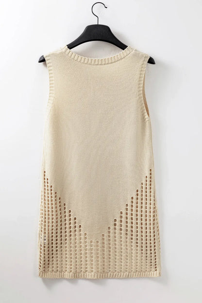 Beige Pointelle Detail Solid Color Knit Sweater Vest - Chic Meadow Boutique 