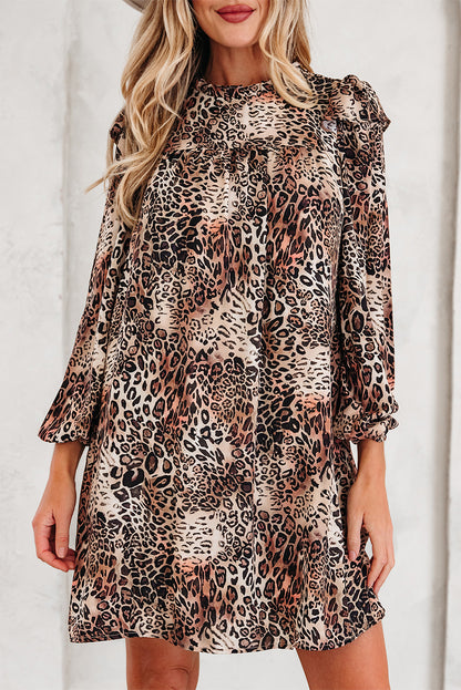 Brown Leopard Ruffled Detail Long Sleeve Loose Mini Dress