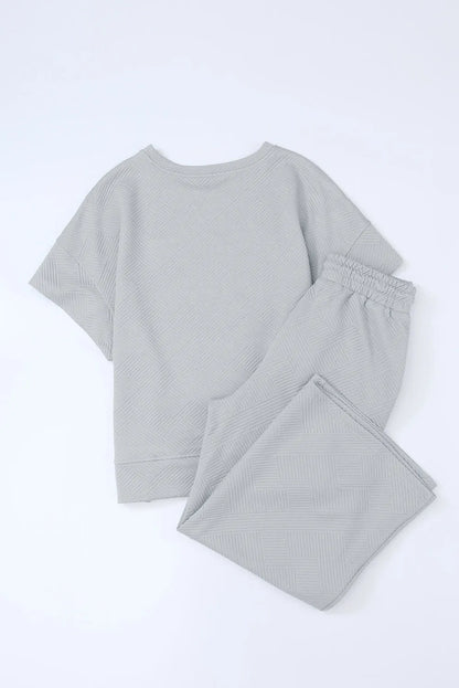 Gray Textured Loose Fit T Shirt and Drawstring Pants Set - Chic Meadow Boutique 