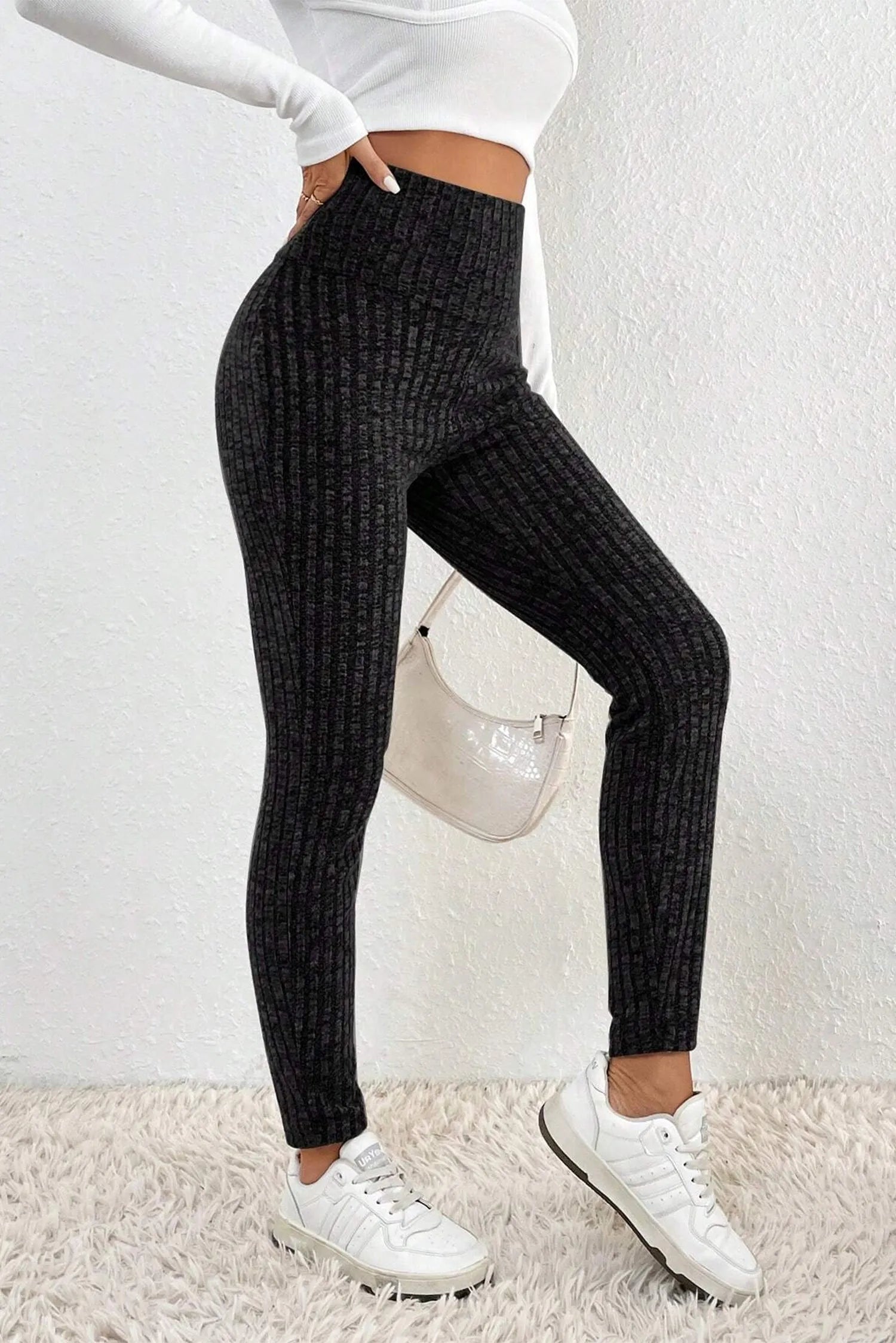 Black Wide Waistband Ribbed Textured Knit Leggings - Chic Meadow Boutique 